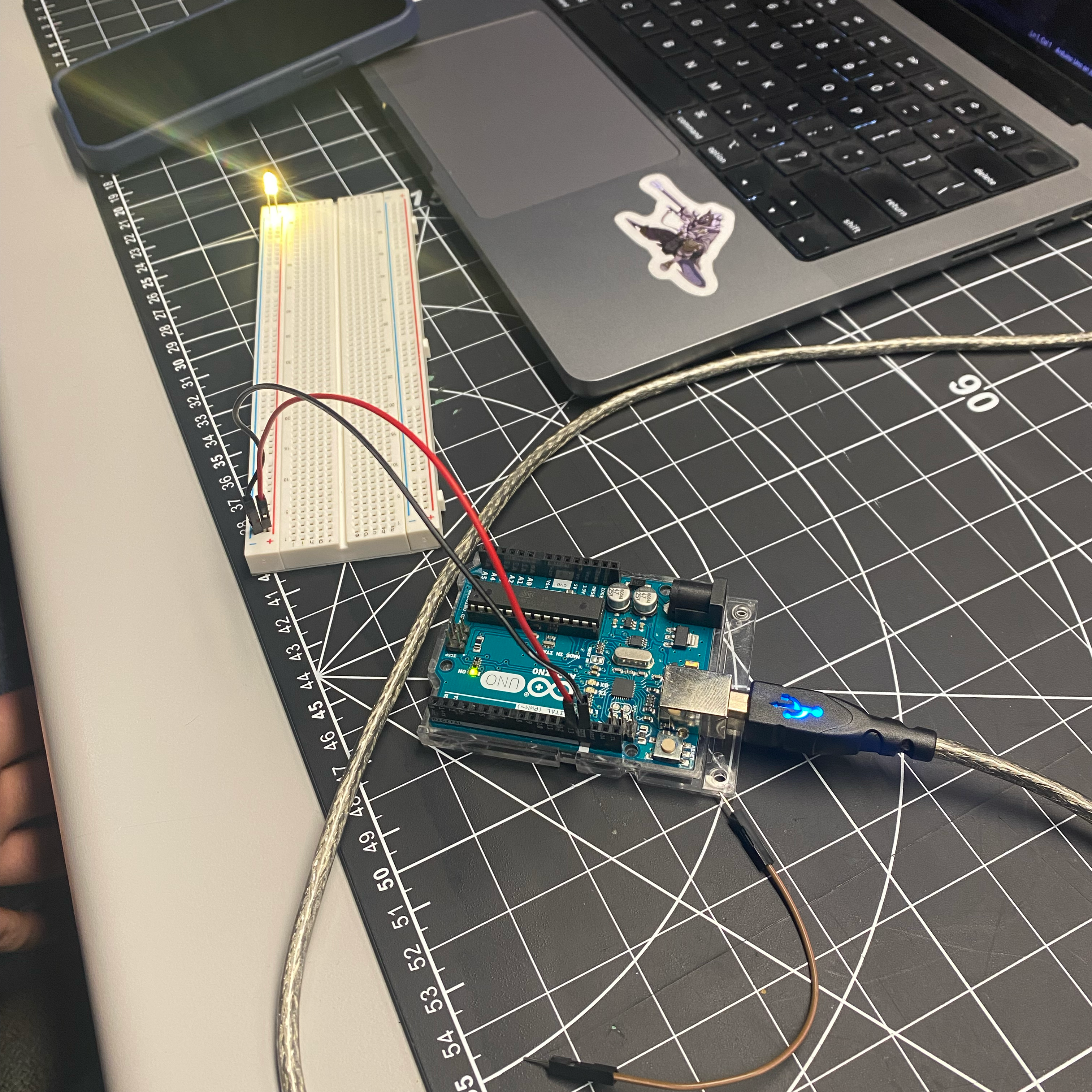 Initial arduino testing with the breadboard. Understanding how the breadboard works through experimenting with cable positions and how they relate to electricity exchange. <a href='https://www.youtube.com/embed/tgbNymZ7vqY' target='_blank'><p>Project Video Link</p></a>