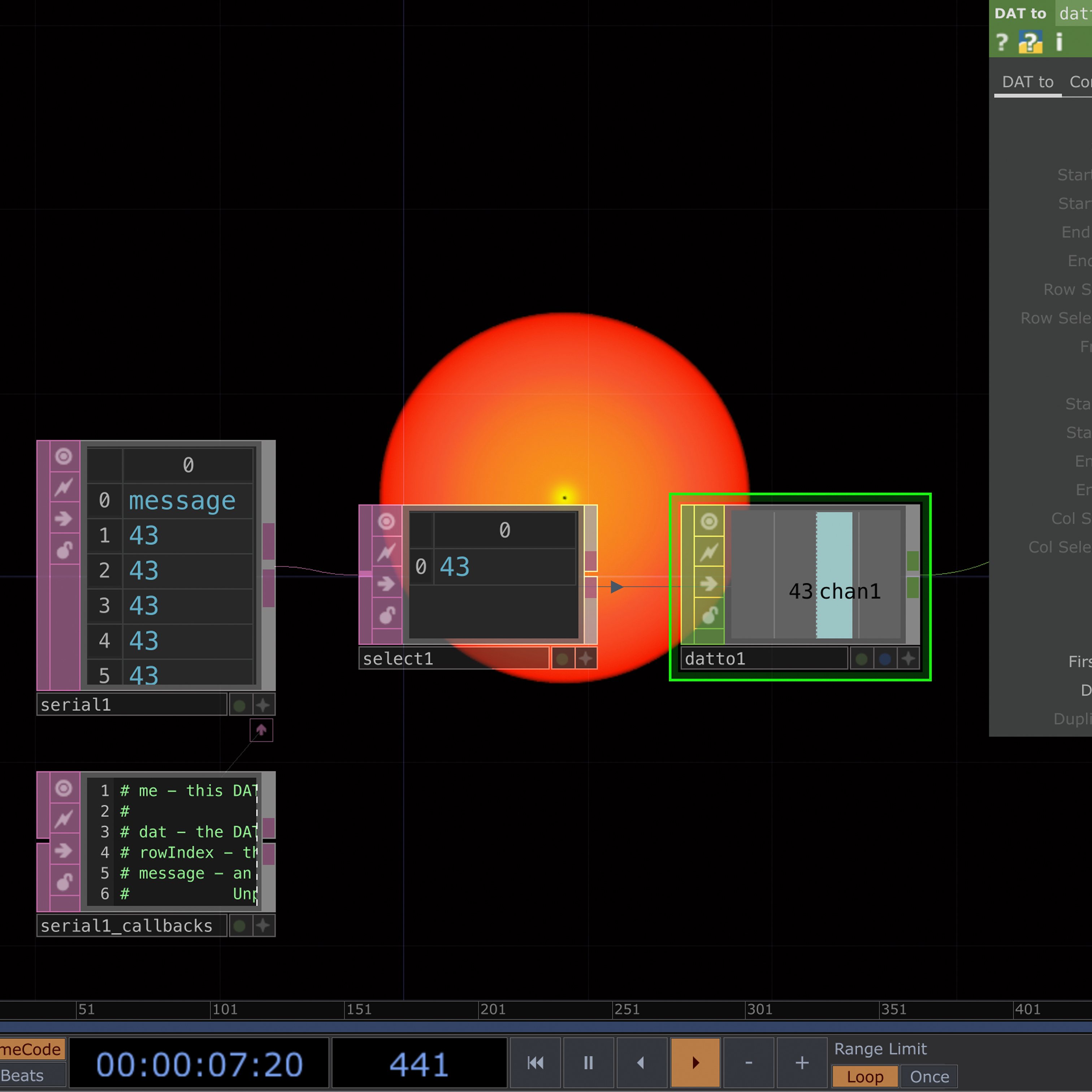 This screenshot shows when the Arduino knob was turned down. The data messages on the screen display ‘43  in relation to the action.
