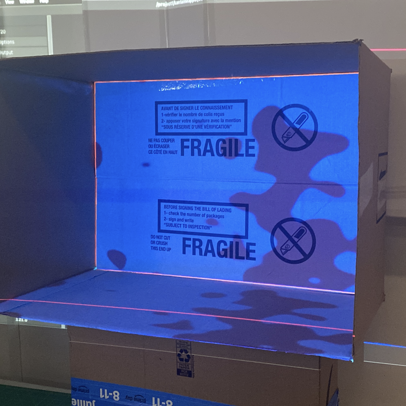 I set up the projection mapping using an in-class tutorial with notes I had saved, and we tested the projection against the back wall and the floor.