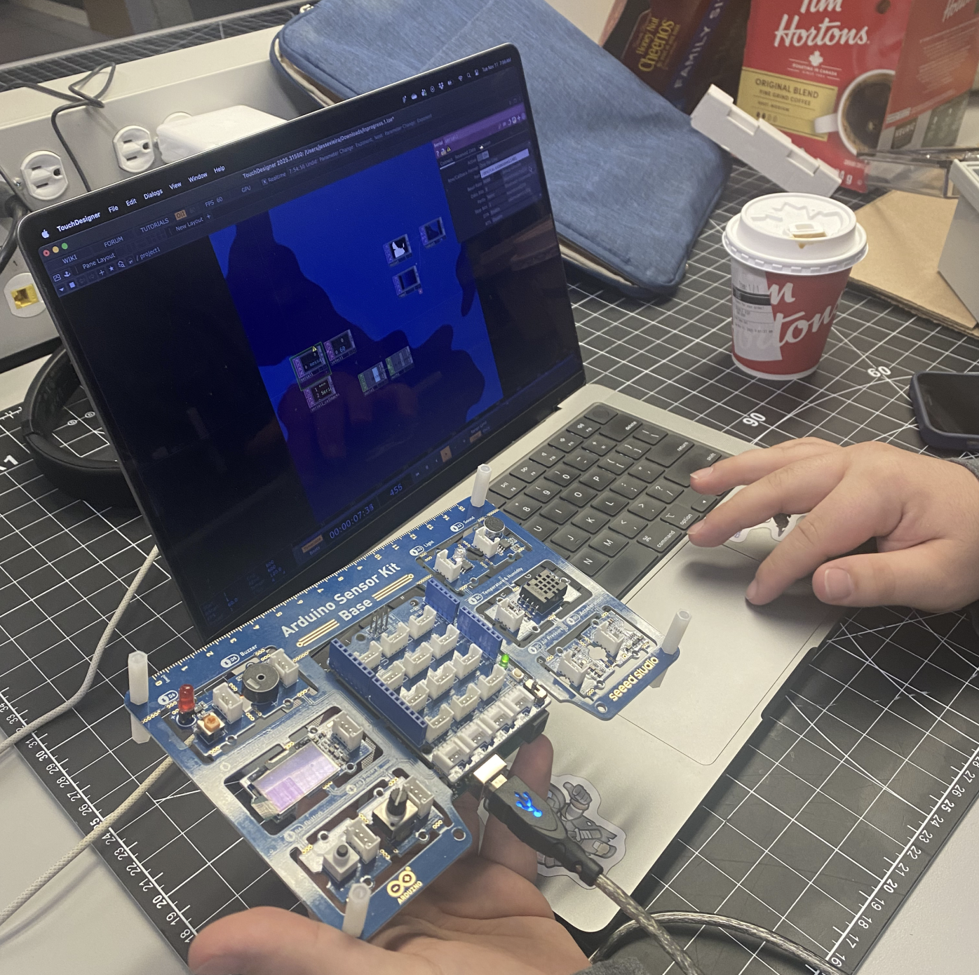 Once the Arduino Shield was connected, Jesse began to configure the elements within Touch Designer to ensure they connected properly.