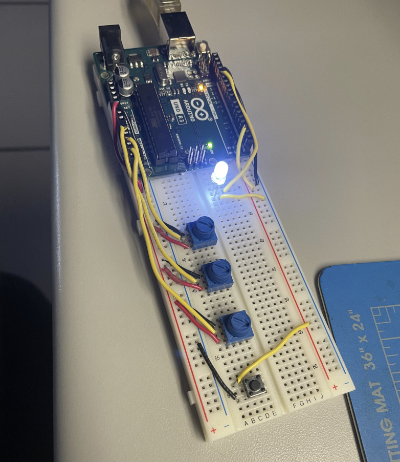 The initial prototyping was done by testing with an LED, and ensuring that the rest of the knobs did not affect the LED. The LED button worked separate from TouchDesigner and the knobs. 